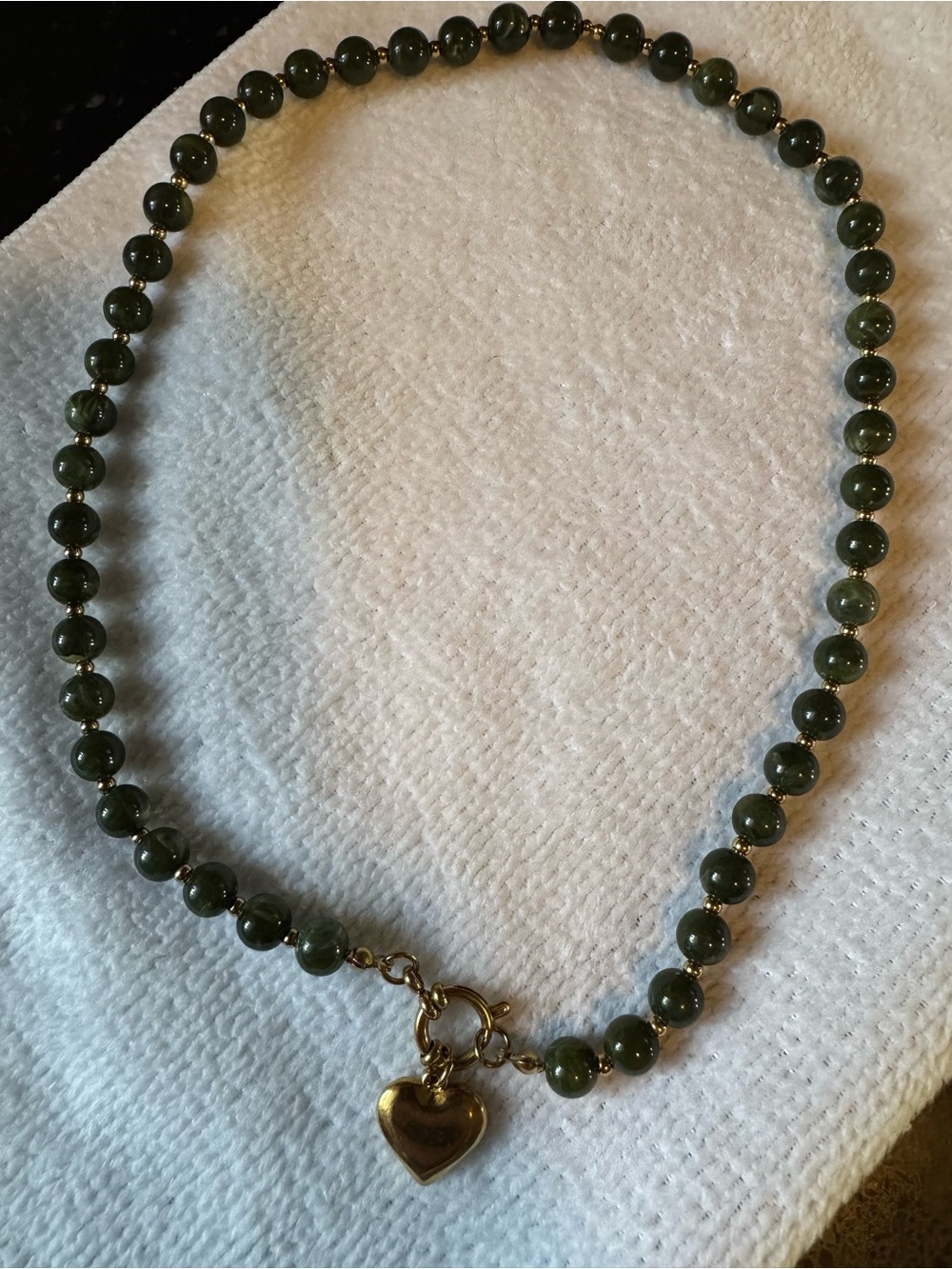 Gold Heart Charm Green Beaded Necklace